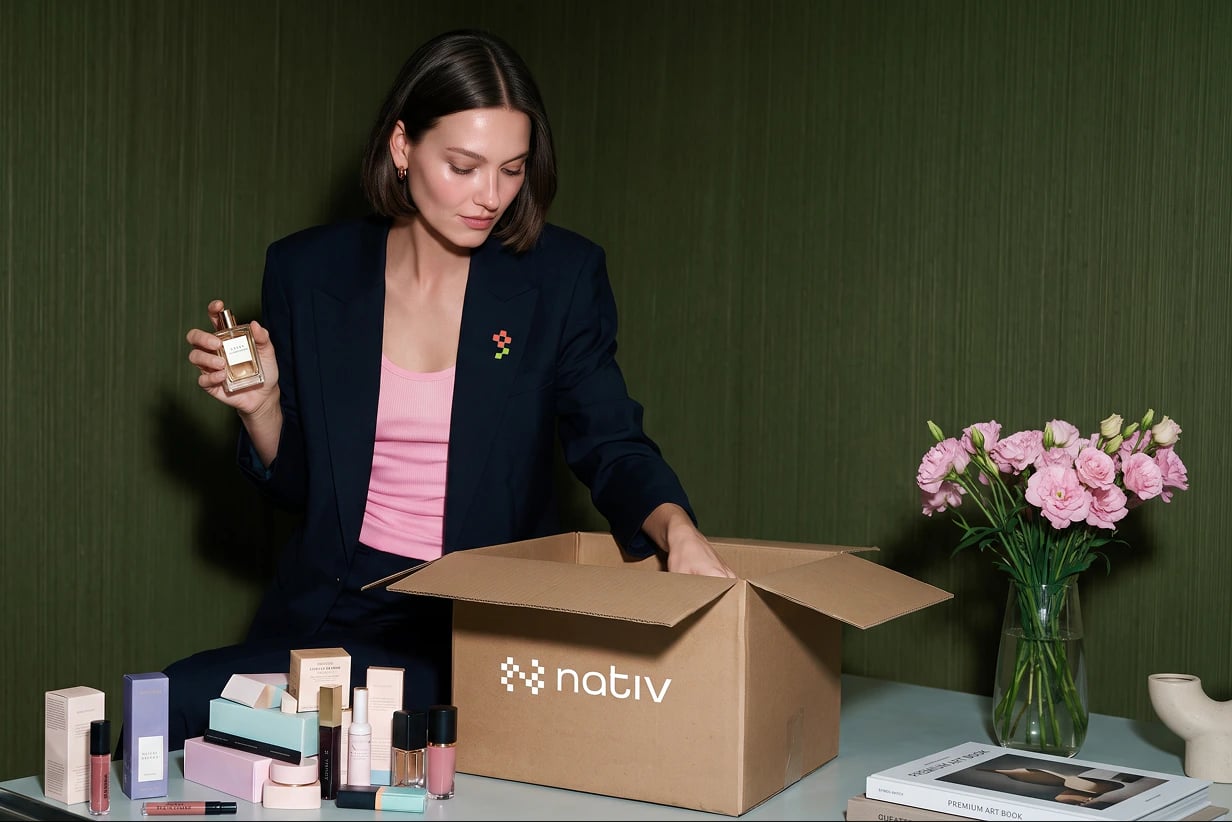 O antreprenoare care despachetează produse cosmetice dintr-o cutie Nativ.